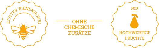 Qualitäts-Icons: „Echter Bienenhonig“, „Ohne chemische Zusätze“, „Nur hochwertige Früchte“.